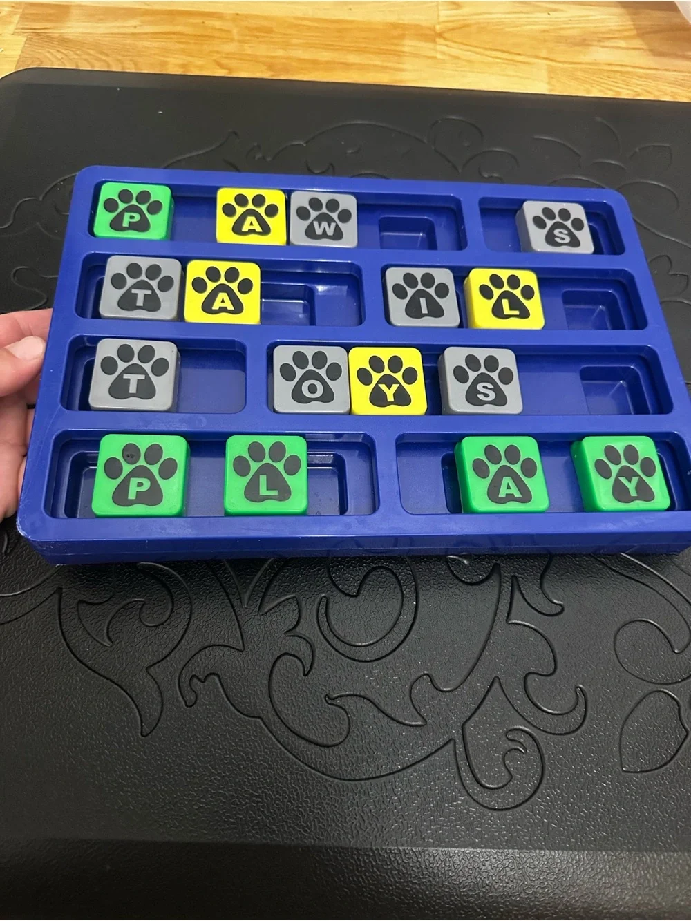 Blue Children's Puzzle Tray or dog puzzle with Colorful Paw Letter Tiles